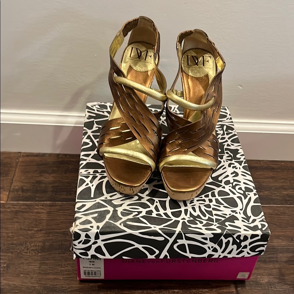 Diane Von Furstenberg Gold and Brown Wedges